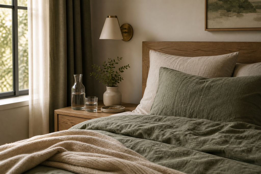 Calm uncluttered bedroom with linen bedding and soft natural light