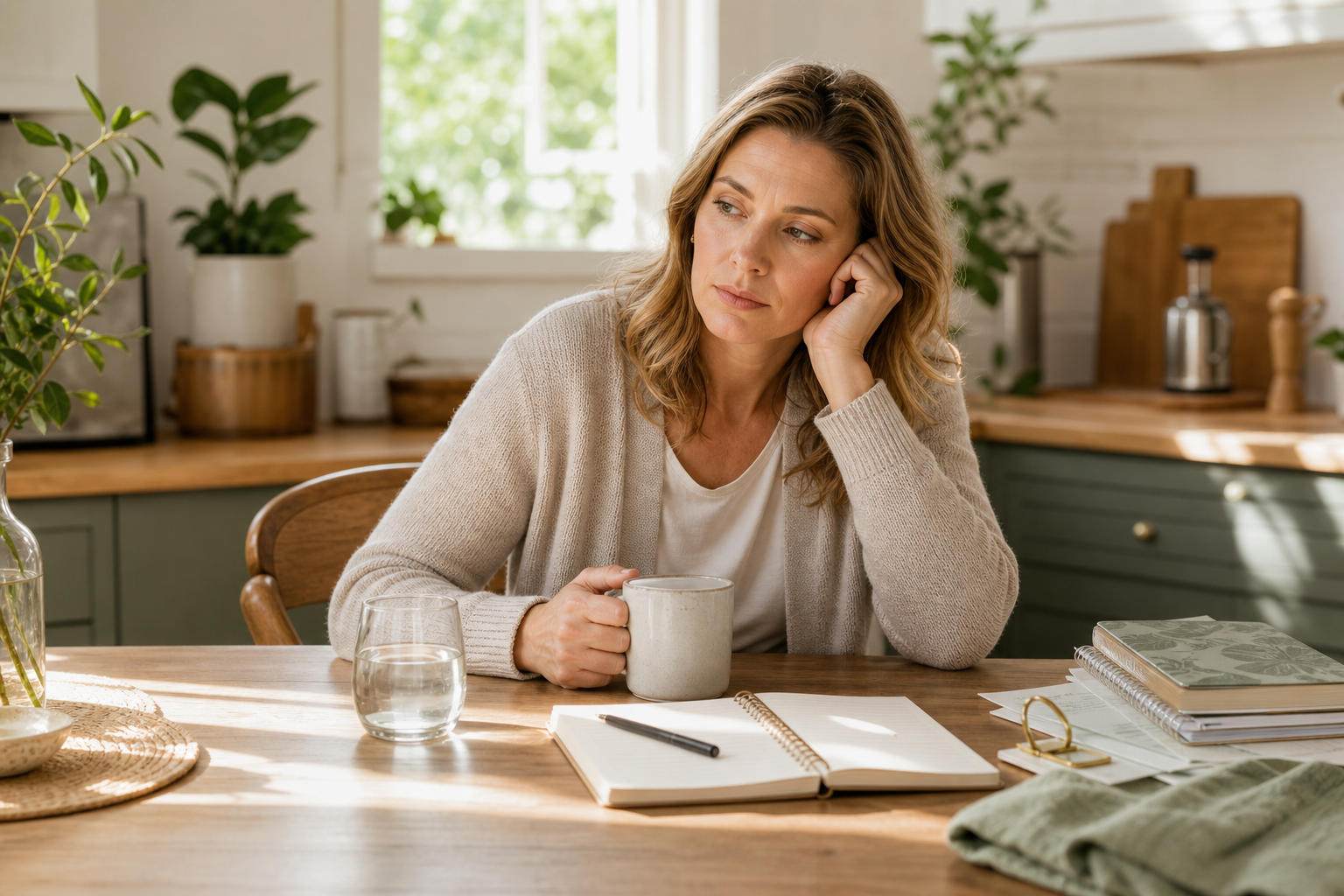 Woman organizing a calm daily routine at a kitchen table