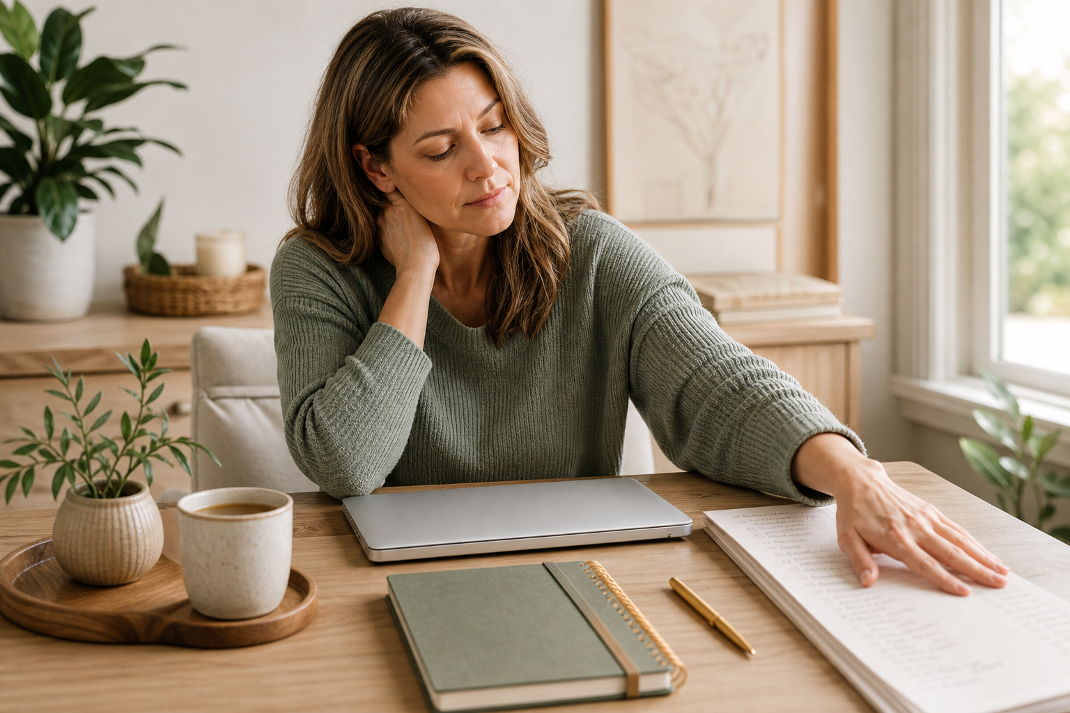 Woman simplifying her to do list at a peaceful desk