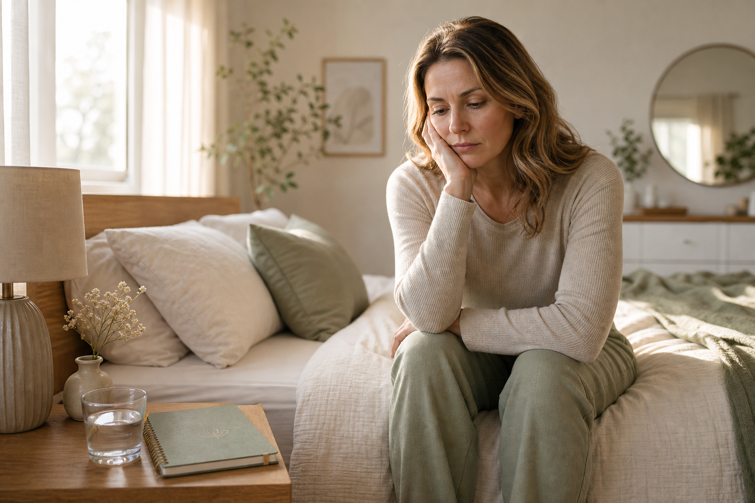 Woman over 35 creating a gentle morning reset in a quiet bedroom