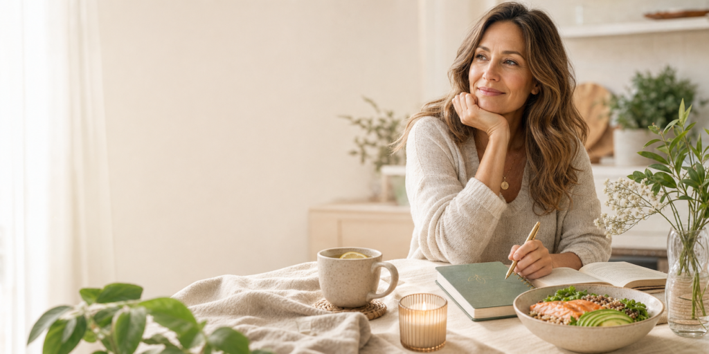 Woman over 35 enjoying a calm wellness morning routine