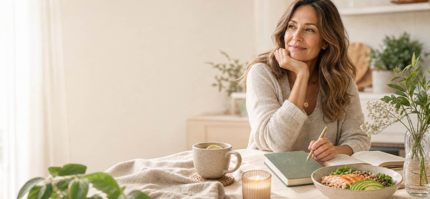 Woman over 35 enjoying a calm wellness morning routine