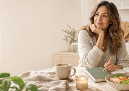Woman over 35 enjoying a calm wellness morning routine
