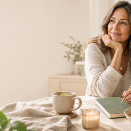 Woman over 35 enjoying a calm wellness morning routine