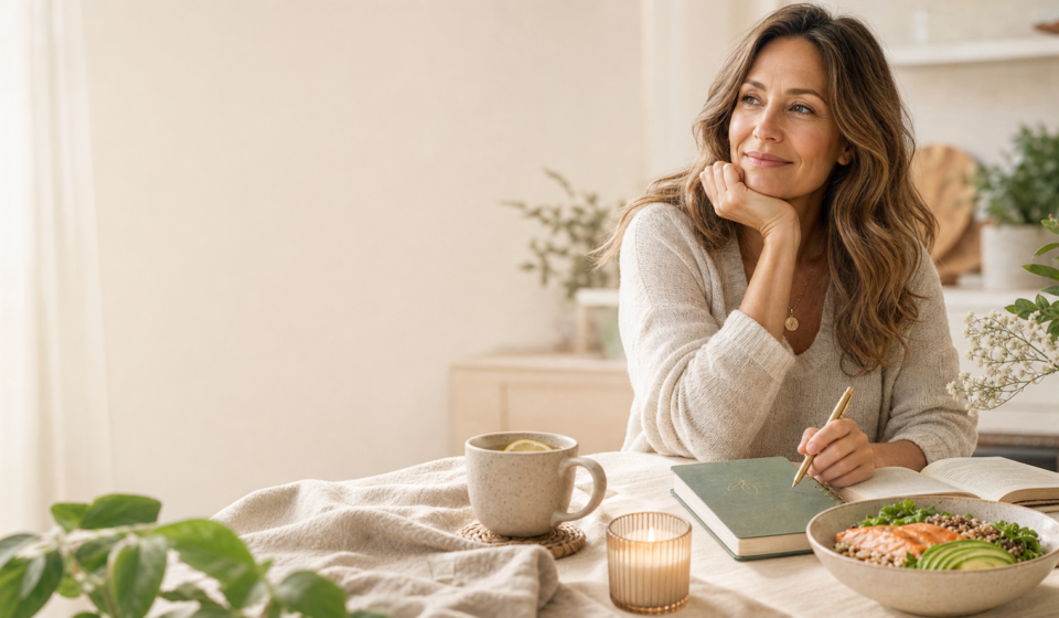 Woman over 35 enjoying a calm wellness morning routine