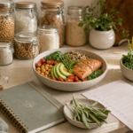 Simple wellness routine with planner and nourishing ingredients