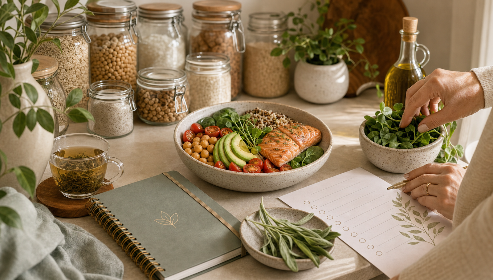 Calm wellness routine with nourishing ingredients and planner