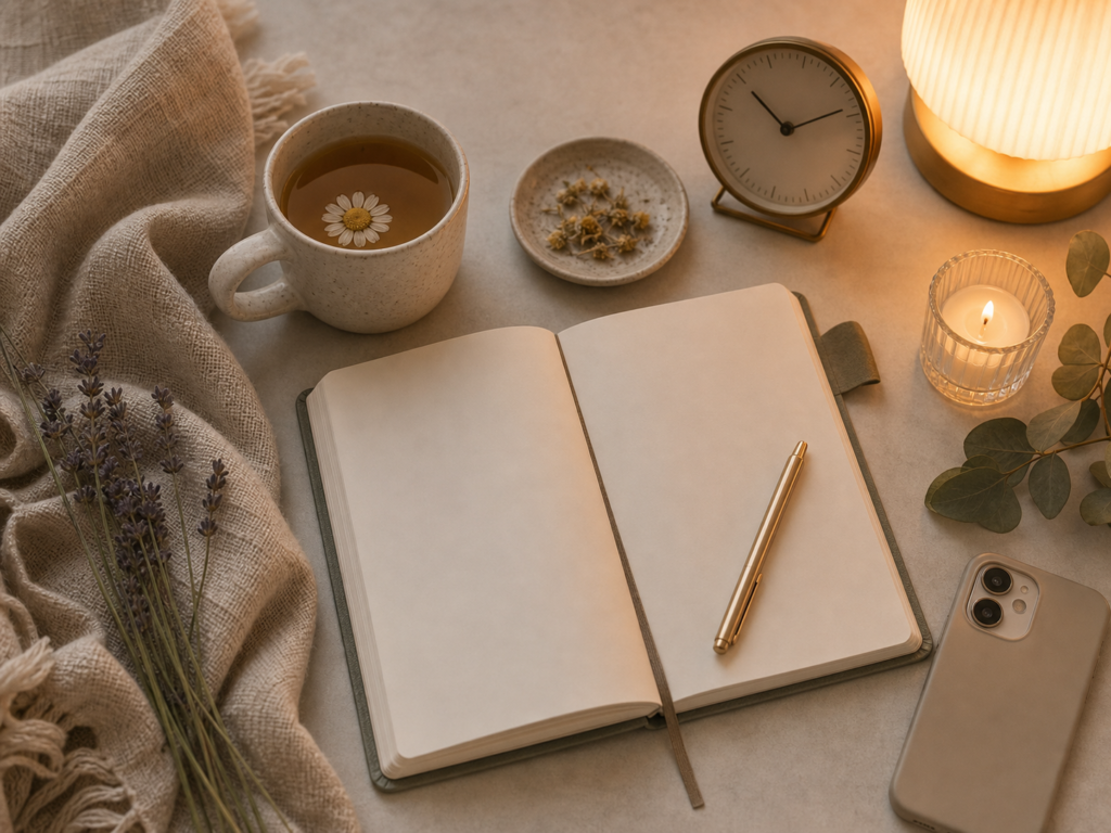 Journal, herbal tea and warm lighting arranged for an evening wind-down routine