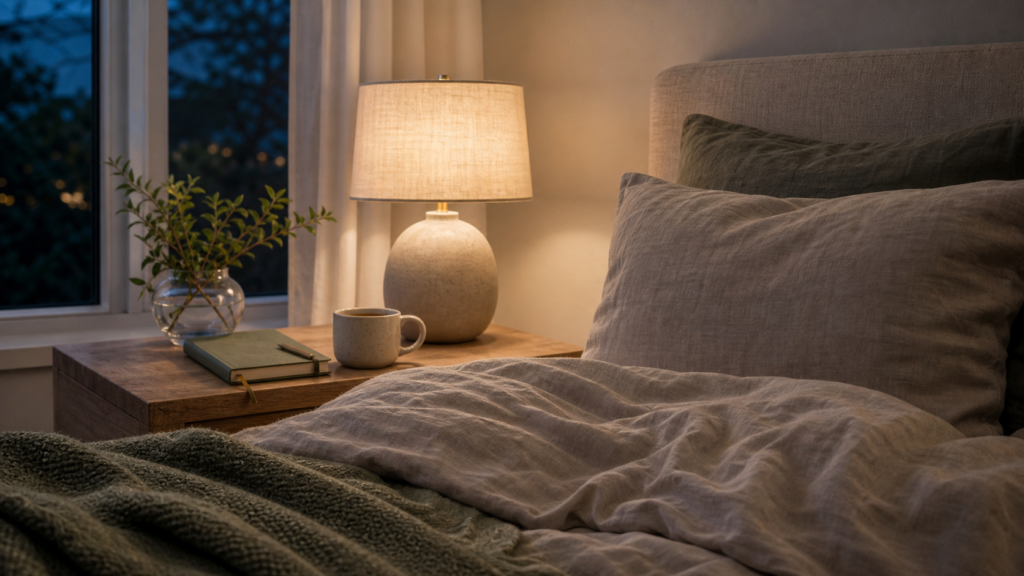 Serene bedroom prepared for a calming evening sleep routine