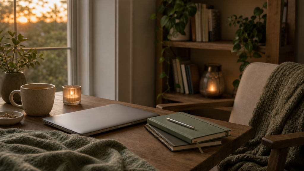 Closed laptop and journal in a calm workspace at the end of the day