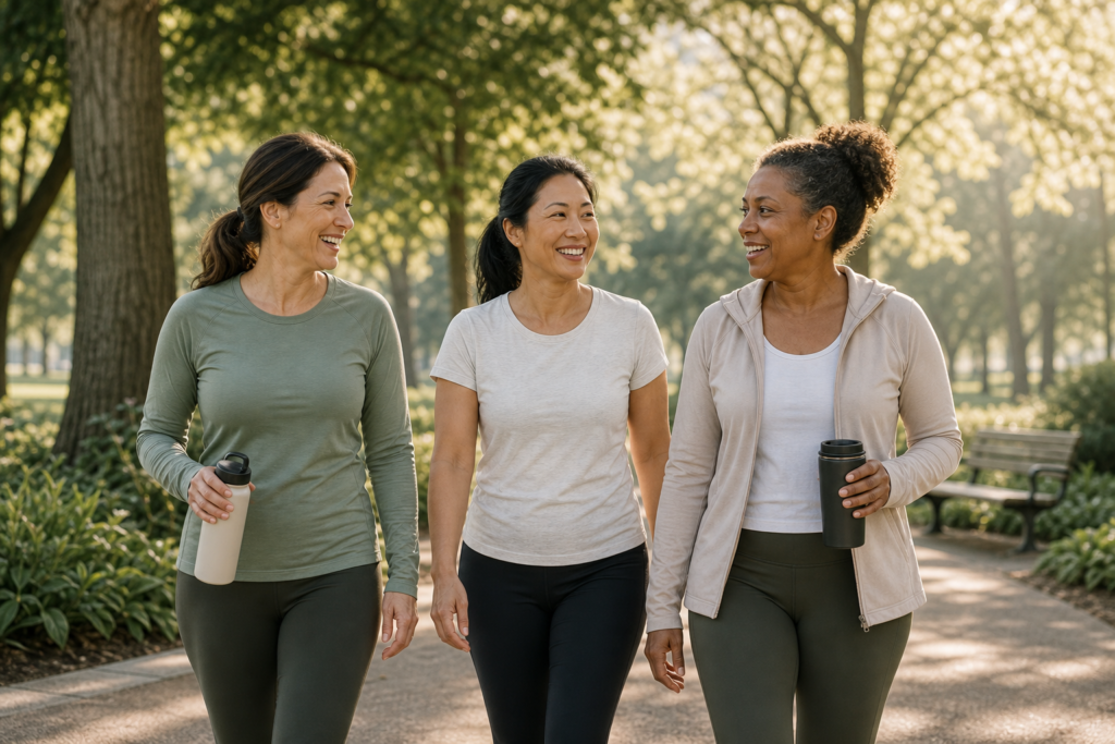 Three diverse women over 40 walking together in a sunny park