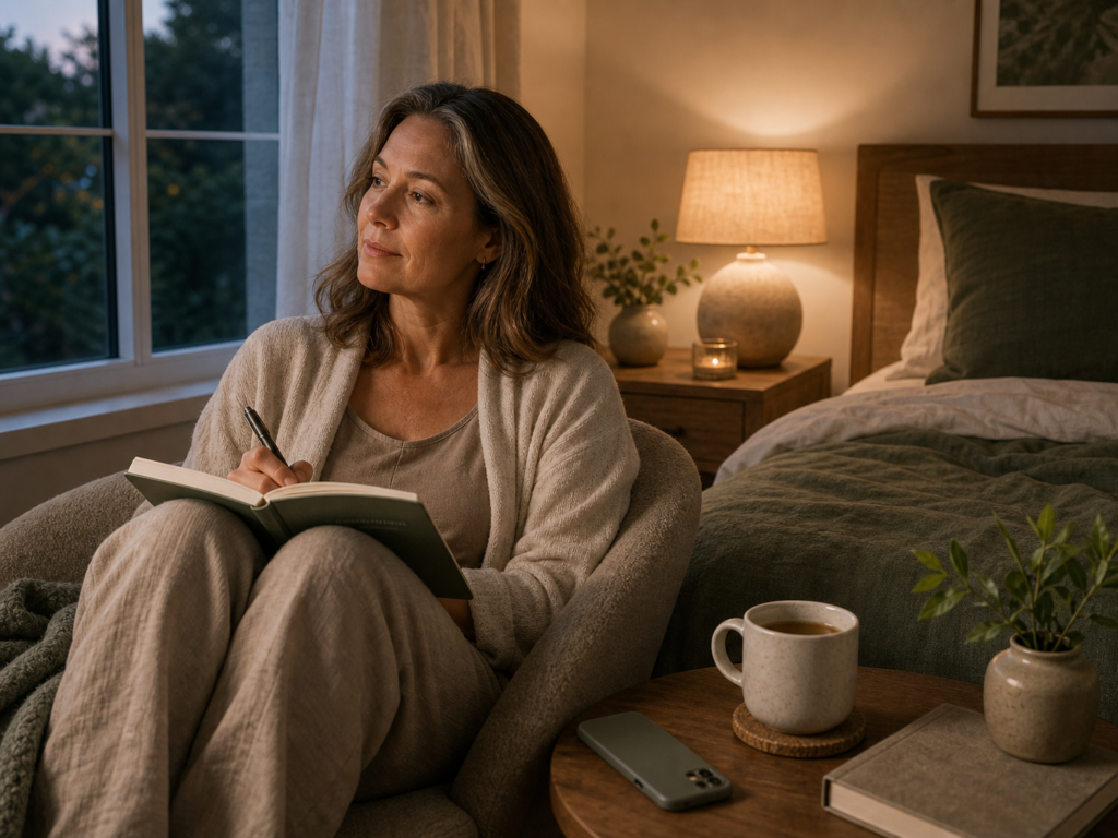 Woman over 50 journaling in a calm bedroom during an evening routine
