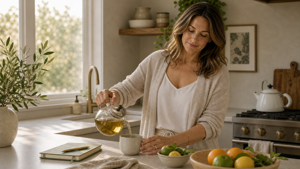 Woman over 40 pouring tea beside a journal in a bright kitchen