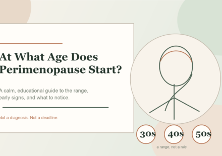 At what age does perimenopause start editorial illustration with 30s 40s and 50s age range