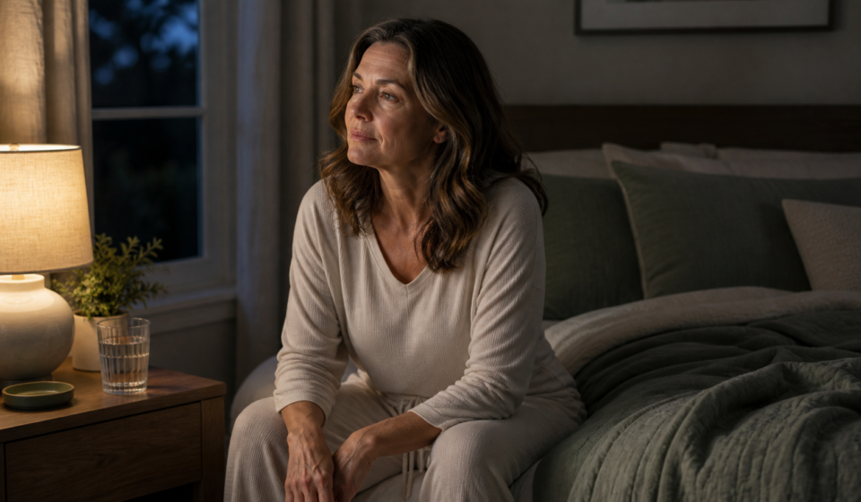 Why Do I Wake Up at 3AM During Menopause? Woman awake calmly in a bedroom at night with water on the nightstand