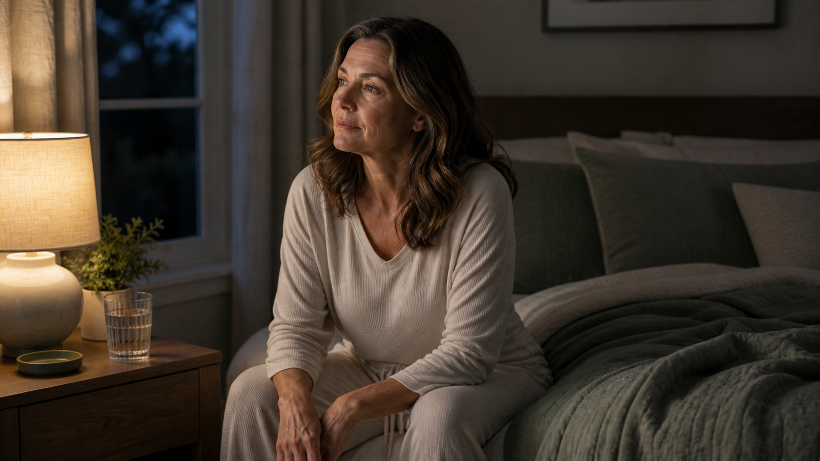 Woman awake calmly in a bedroom at night with water on the nightstand