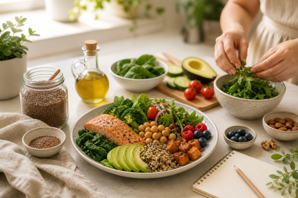 Beginner estrogen supportive nutrition plate with fiber protein healthy fats vegetables berries and flaxseed