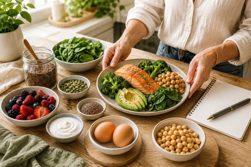 10 hormone-supportive foods for women over 40 including salmon, avocado, berries, flaxseeds, broccoli and leafy greens